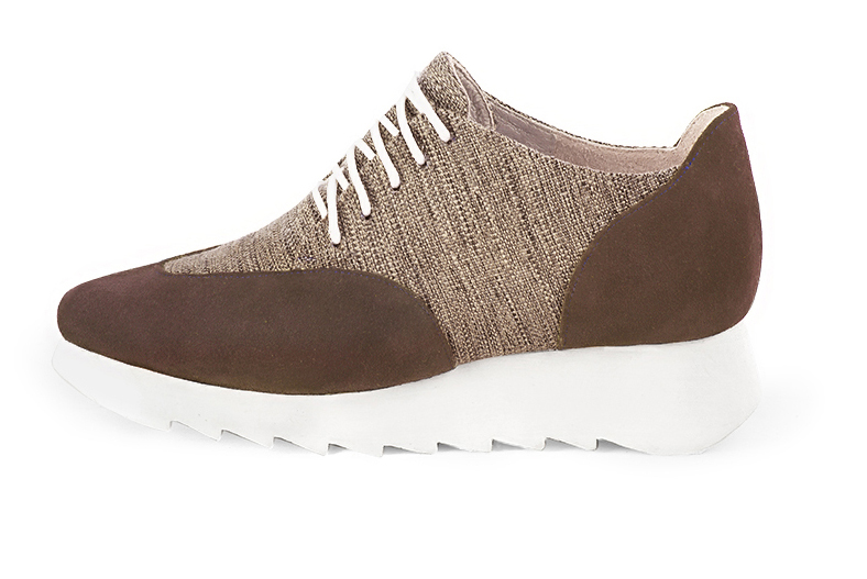 Chocolate brown and tan beige women's casual lace-up shoes. Square toe. Low rubber soles. Profile view - Florence KOOIJMAN